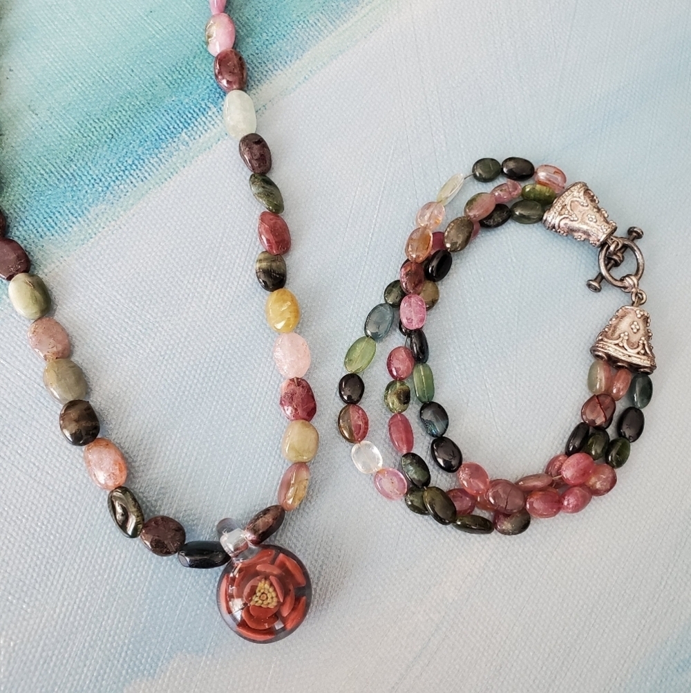 Tourmaline Necklace w/ Glass Cabochon & Bracket - Picture 2 of 16